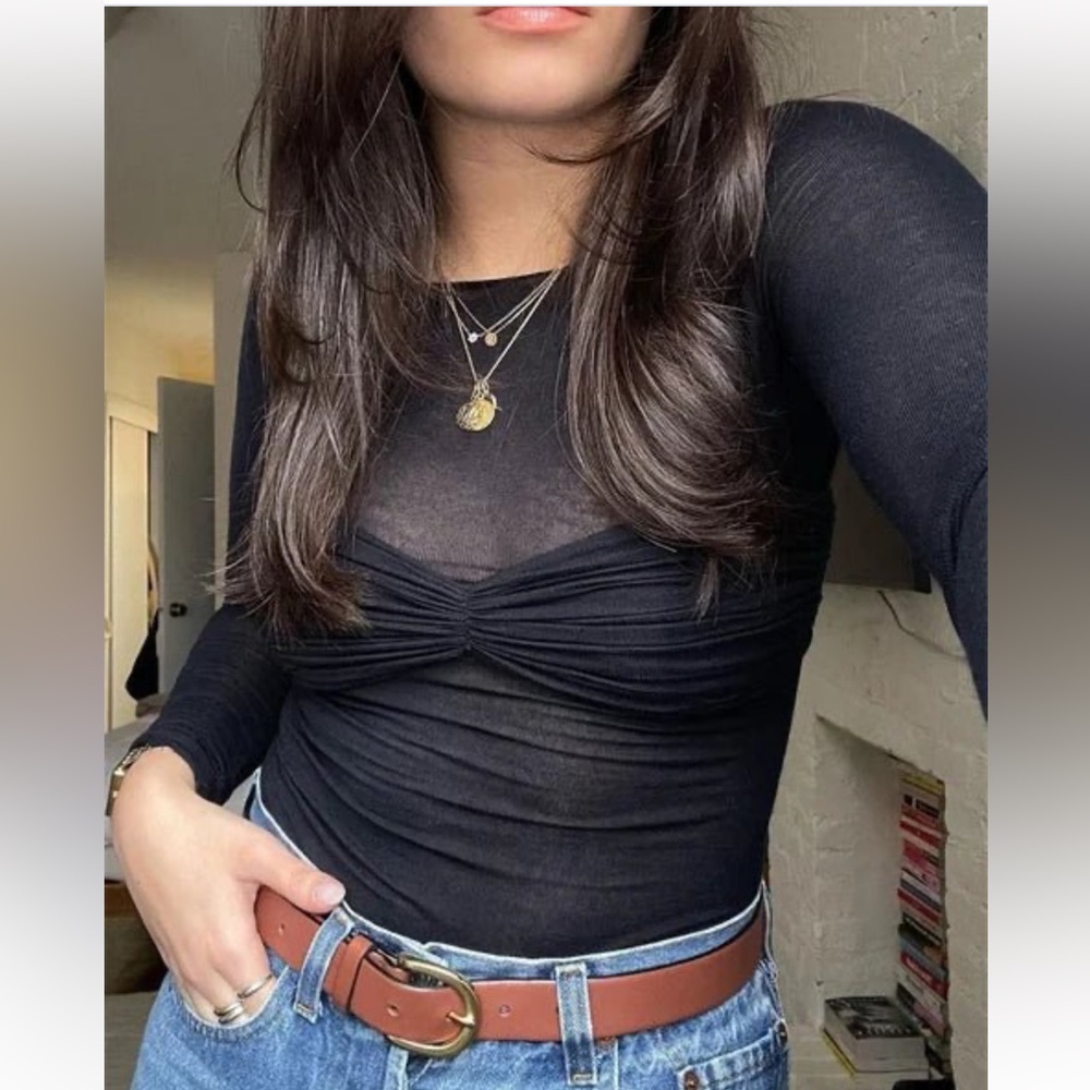 Birdies Black Sheer Off-Shoulder Long Sleeve Top